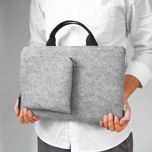 laptop sleeve with black zipper and hands MacBook felt case hand made cover