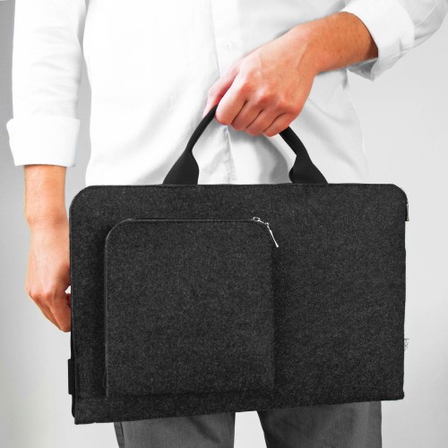 dark grey felt laptop sleeve with black zipper and hands MacBook case
