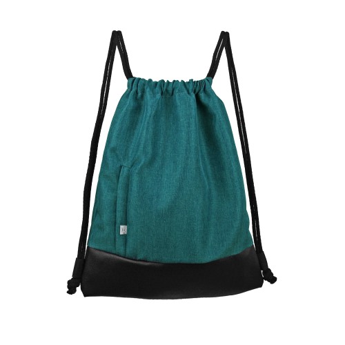 turquise backapck with black bottom drawstring bag