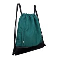 turquise backapck with black bottom drawstring bag