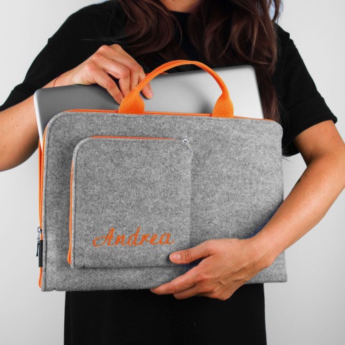 MacBook felt sleeve with hands personalized laptop cover embroided name in orange