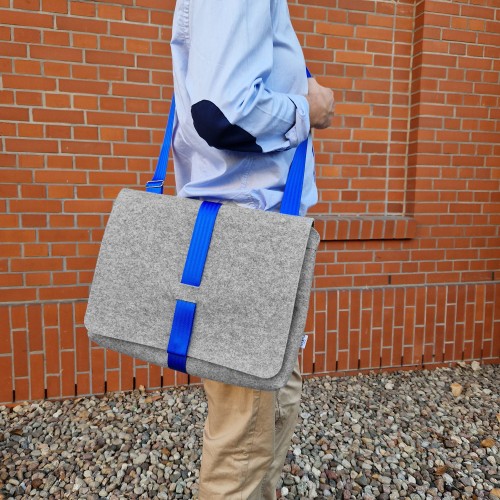 light grey felt shoulder male bag with blue car belt strap 15 inch laptop bag