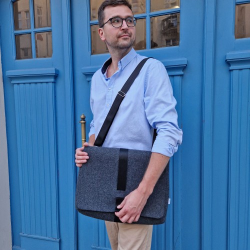dark grey felt male shoulder bag with black car belt strap 15 inch laptop bag