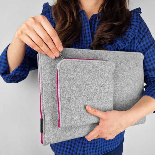 macbook case with pocket and pink zippers hand made felt laptop sleeve