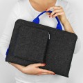 dark grey felt laptop sleeve with pocket and blue hands MacBook case hand made 14 inch cover