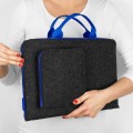 dark grey felt laptop sleeve with pocket and blue hands MacBook case hand made mac air 13 cover