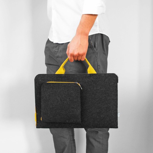 dark grey felt sleeve with yellow zippers and hands laptop case macbook cover