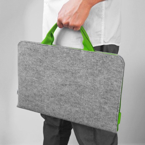 felt laptop cover MacBook case with green handle and zipper hand made sleeve