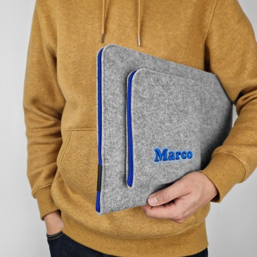 personalized laptop sleeve felt MacBook cover with blue zipper and embroided name