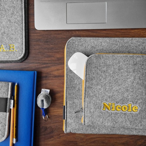 personalized felt laptop sleeve yellow zipper MacBook case with embroided name